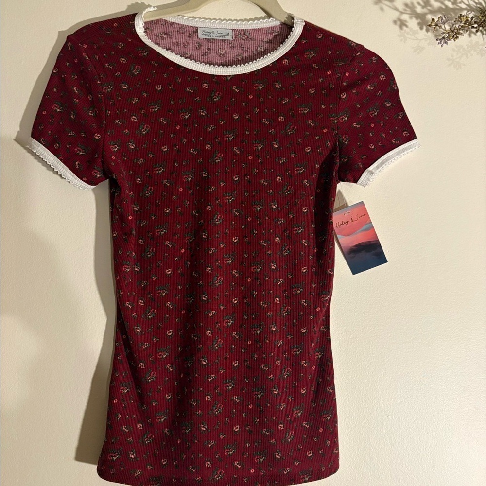 Baby Tee Fitted Floral Ribbed Burgundy NWT-Medium